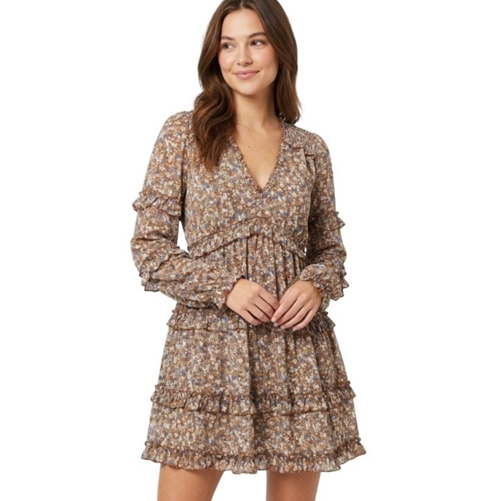 Altar'd State Dress‎ Womens M Brown Floral Ruffle Tiered Long Sleeve Boho Mini